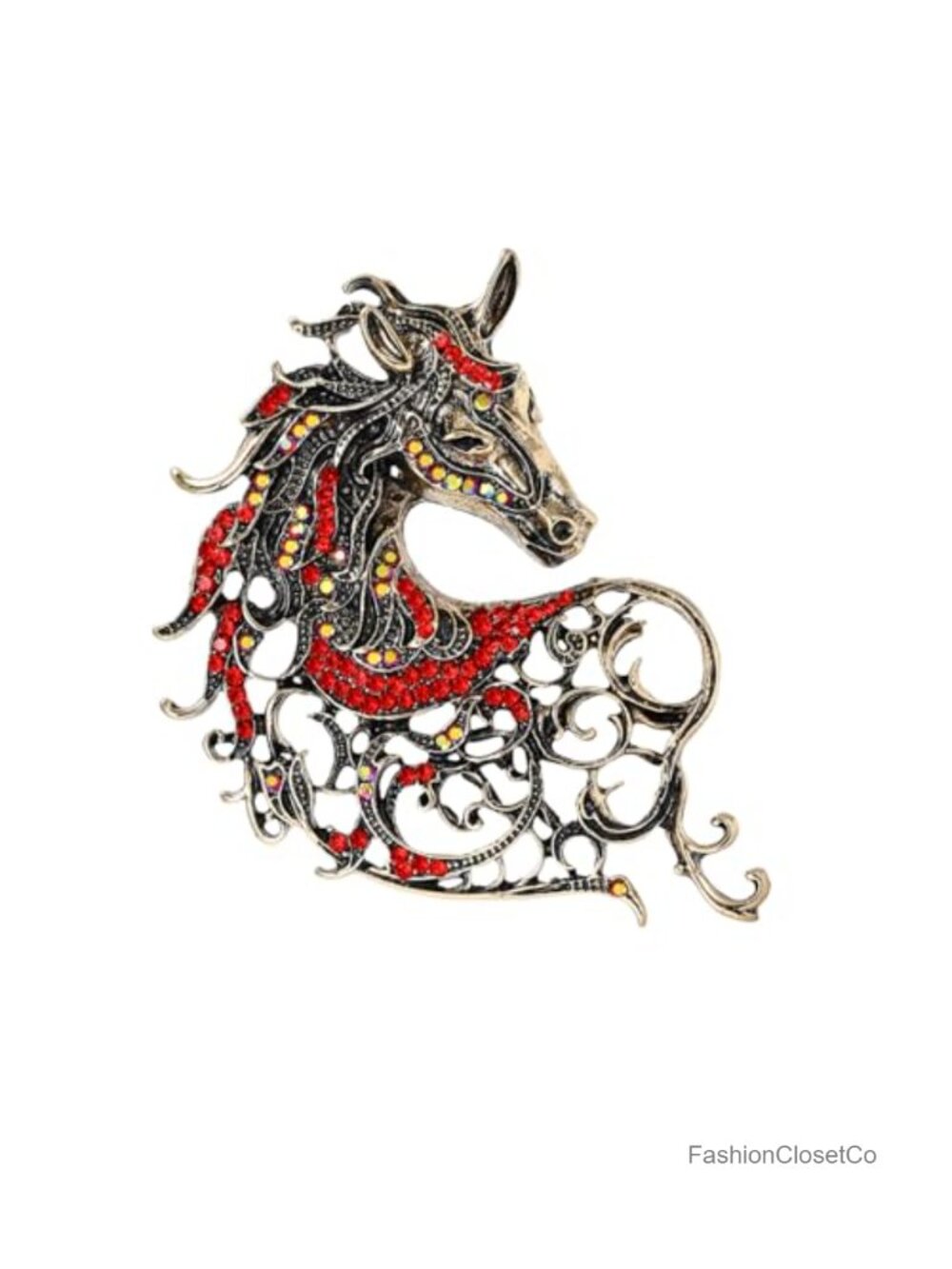 Rhinestone Horse Head Brooch Pin Filigree Hollow Baroque Statement